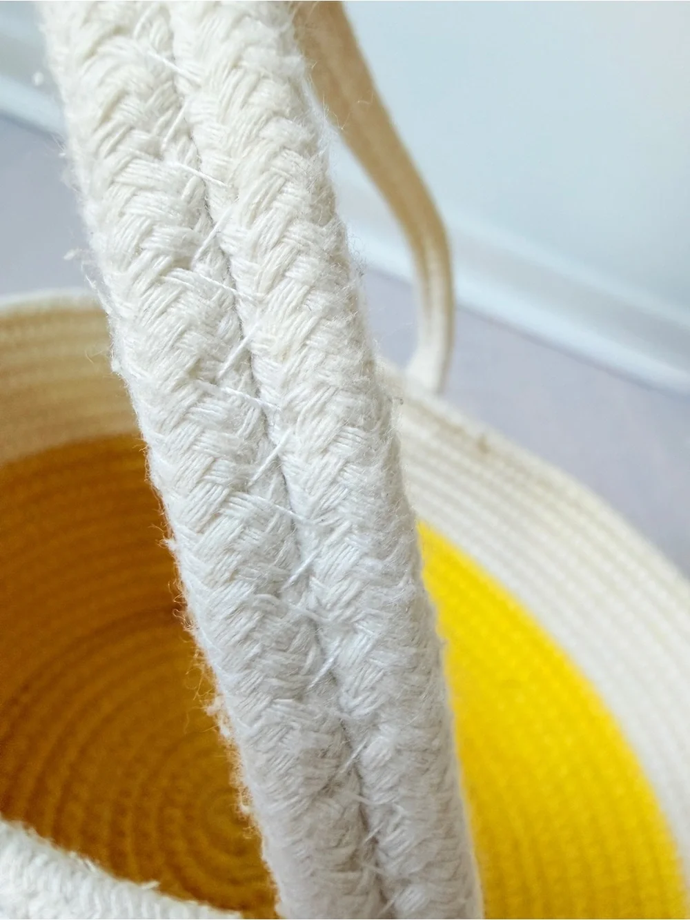 Yellow Cream Coiled Cotton Rope Basket Tote Single Handle Storage Decorative